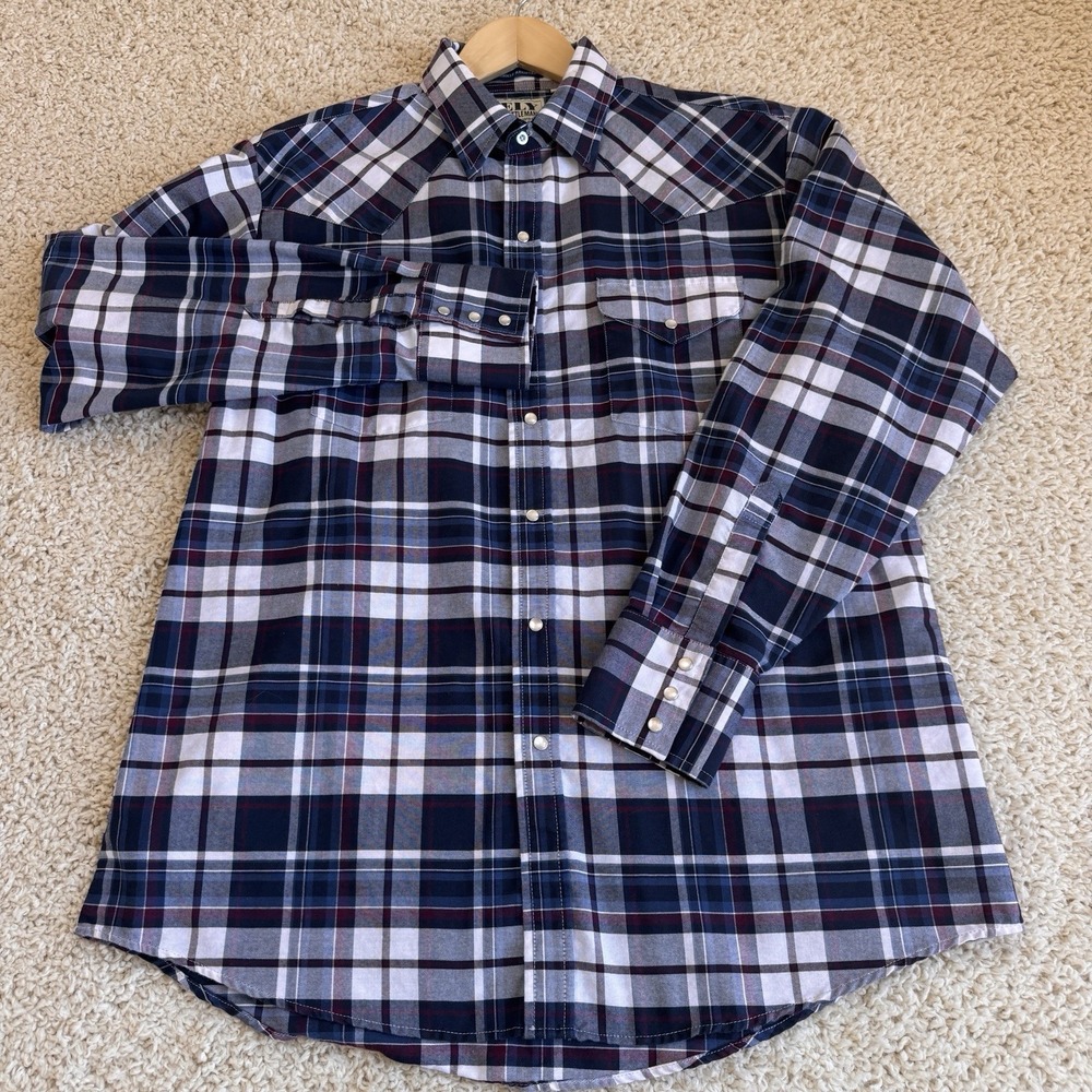 Ely Cattleman Western Snap Shirt Mens Large Navy Plaid Excellent Pearl Snap